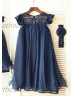 Illusion Neck Navy Blue Chiffon Lace Short Adorable Flower Girl Dress